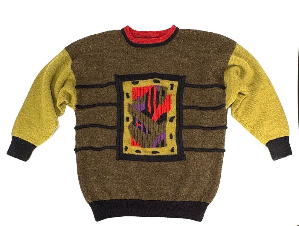 Vintage 90s Abstract Heavy Knitted Wool Sweater Oversize Thick Crew Neck Mens XL